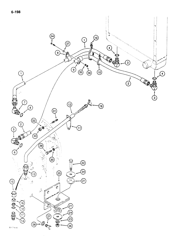 Схема запчастей Case 680K - (6-198) - TRANSMISSION COOLING SYSTEM, MOUNTING AND DIPSTICK (06) - POWER TRAIN