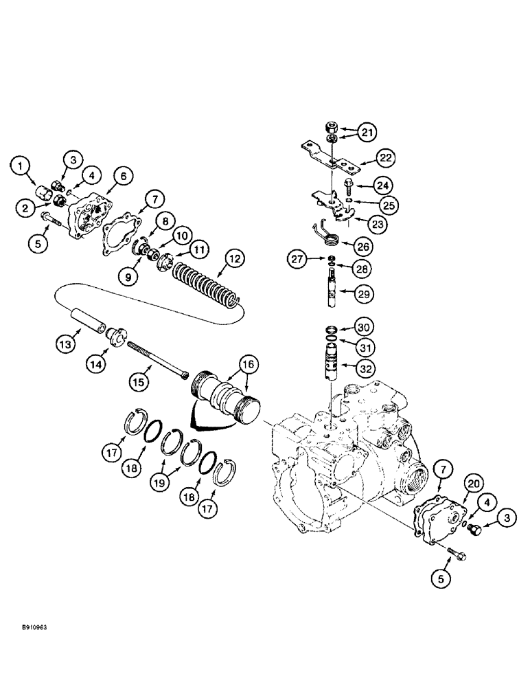 Схема запчастей Case 560 - (6-16) - TANDEM PUMP ASSEMBLY - 104437A1, FRONT DRIVE PUMP, NEUTRAL START AND SERVO (06) - POWER TRAIN