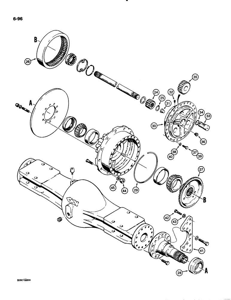 Схема запчастей Case 621 - (6-096) - FRONT AXLE HOUSING AND PLANETARY, P.I.N. JAK0020901 AND AFTER (06) - POWER TRAIN