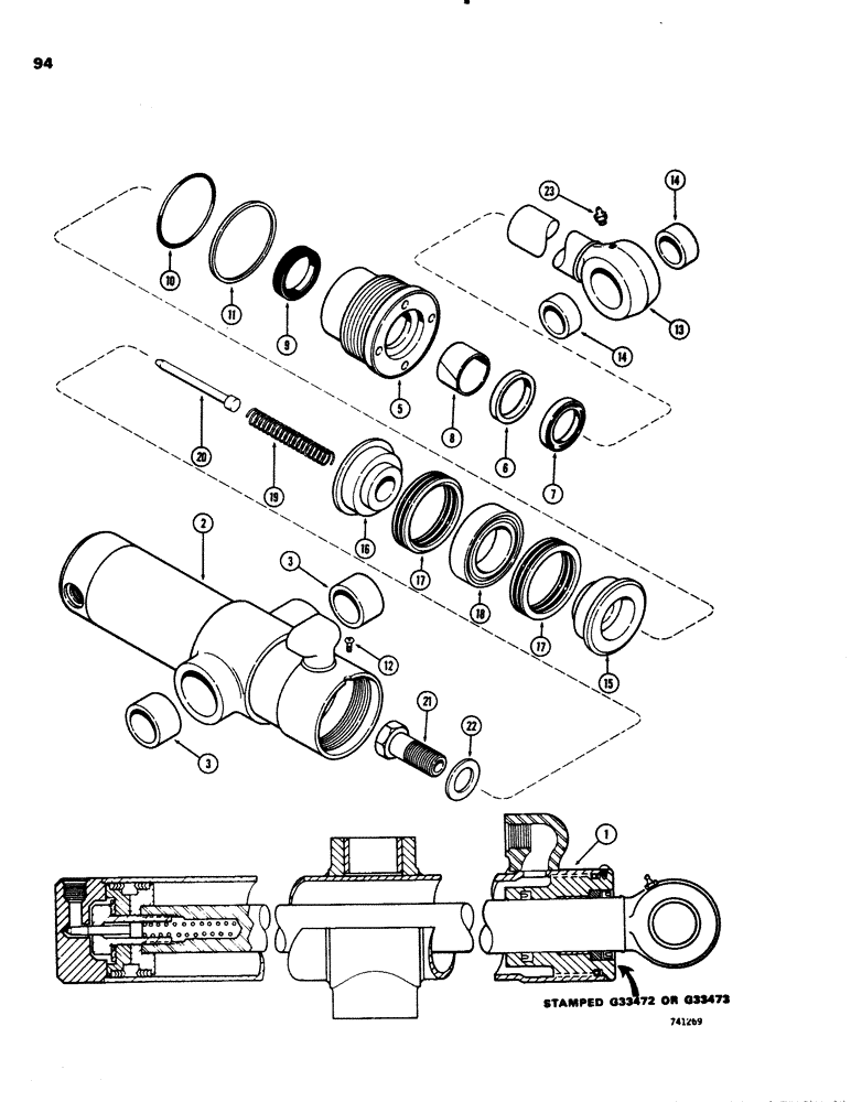 Схема запчастей Case 26C - (094) - G33472 AND G33473 SWING CYLINDERS, WITH TWO PIECE PISTON, GLAND IS STAMPLED WITH CYLINDER PART NUMBR 