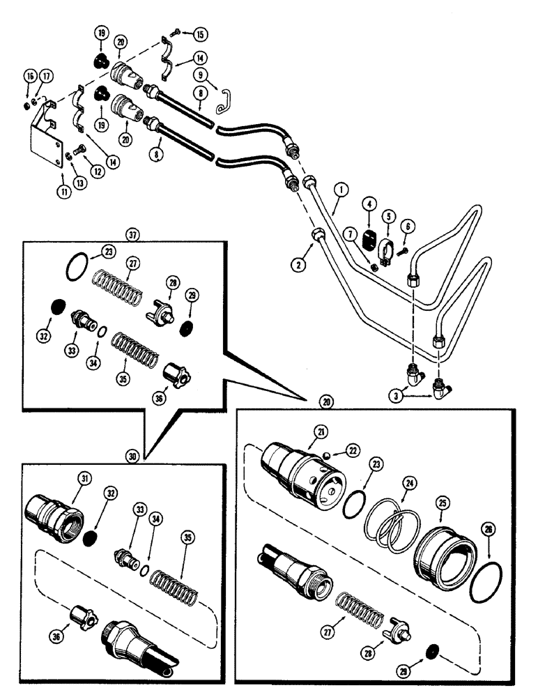 Схема запчастей Case 580 - (152) - REMOTE HYDRAULIC TUBES AND COUPLINGS, POWER SHUTTLE (35) - HYDRAULIC SYSTEMS