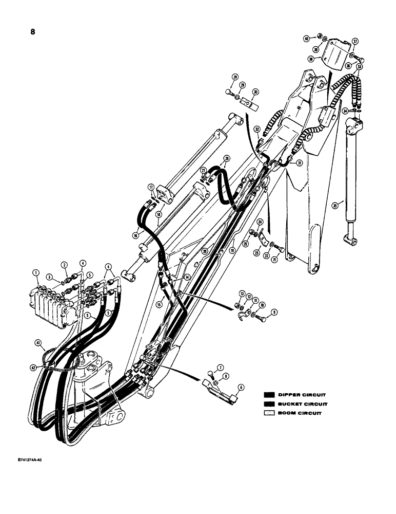 Схема запчастей Case D100 - (9-08) - BACKHOE HYDRAULIC LINES, BOOM, DIPPER ARM AND BUCKET CIRCUITS USED PRIOR BACKHOE SN Q2720171 