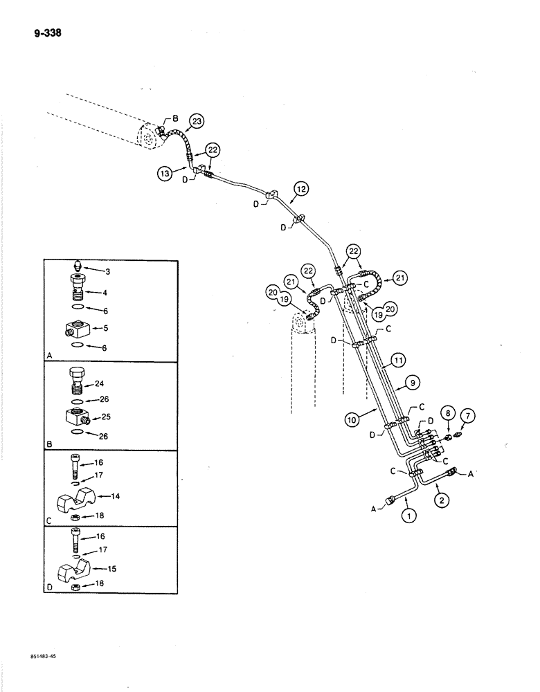 Схема запчастей Case 170B - (9-338) - BOOM LUBRICATION LINES, P.I.N. 74341 THROUGH 74456 (09) - CHASSIS