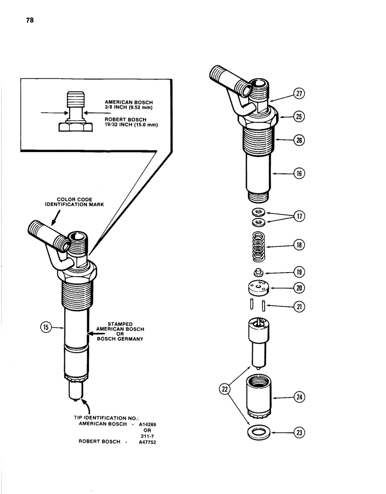 Схема запчастей Case 1280B - (078) - FUEL INJECTOR NOZZLE, 504BDT DIESEL ENGINE, RED COLOR CODE IDENTIFICATION (03) - FUEL SYSTEM