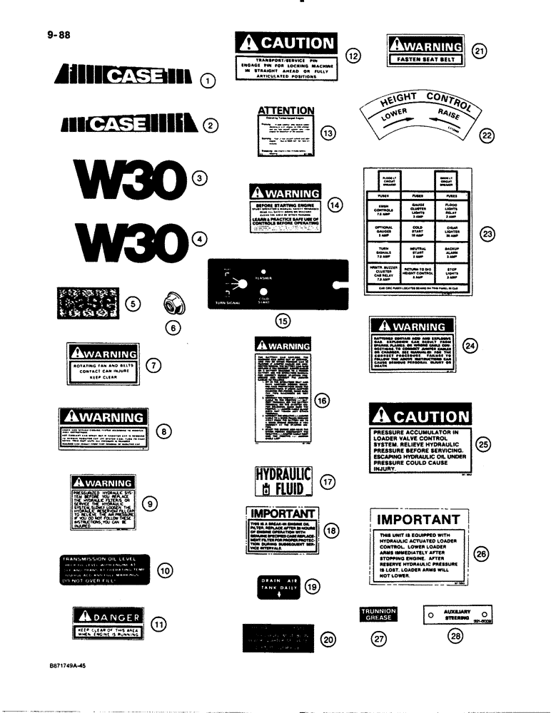 Схема запчастей Case W30 - (9-88) - DECALS, FOR TRACTORS WITH ZF TRANSMISSION (09) - CHASSIS/ATTACHMENTS