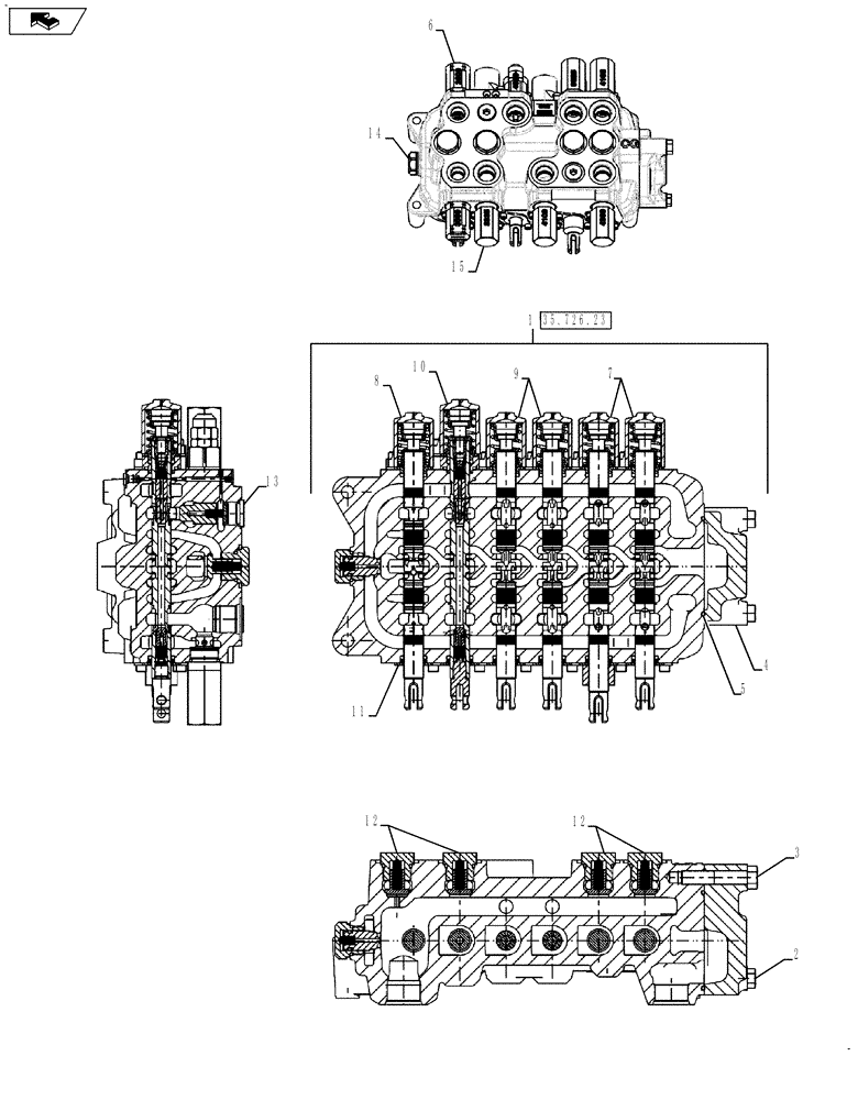 Схема запчастей Case 580SN WT - (35.726.16[01]) - VAR 423075, 747661, 747662 - VALVE - BACKHOE CONTROL, 6 SPOOL (W/O EXT DIPPER, W/O AUX HYDS, W/O PILOT CONTROLS) (35) - HYDRAULIC SYSTEMS