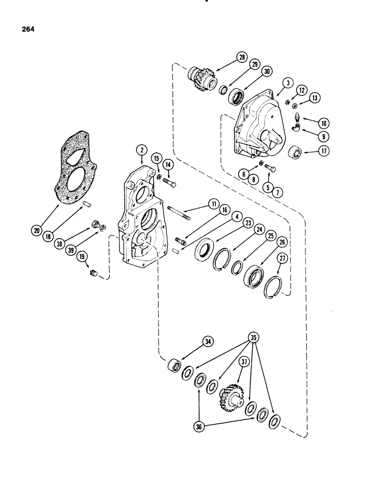 Схема запчастей Case 580E - (264) - TRANSAXLE TRANSFER GEAR BOX, 4 WHEEL DRIVE, PRIOR TO TRANSMISSION SN 16270319 (06) - POWER TRAIN