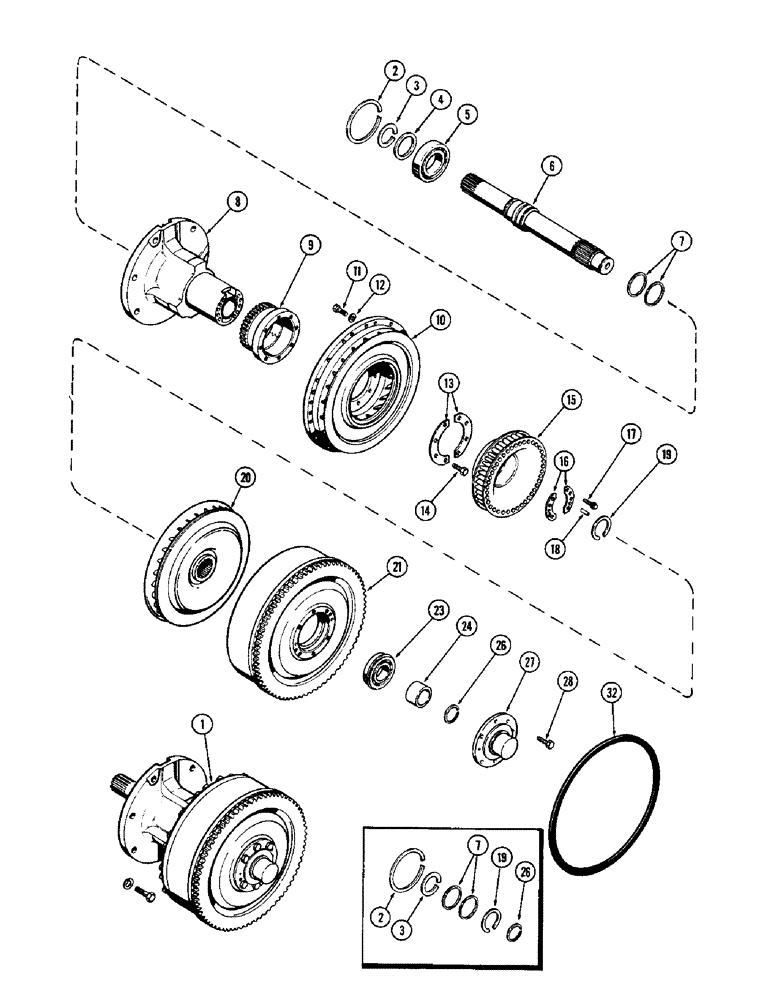 Схема запчастей Case 580B - (169A) - A51165 TORQUE CONVERTER, PWR SHUTTLE, TWIN DISC, (SOLID SHAFT USED W/O PTO) 1ST USED TRAN SN 2392563 (06) - POWER TRAIN