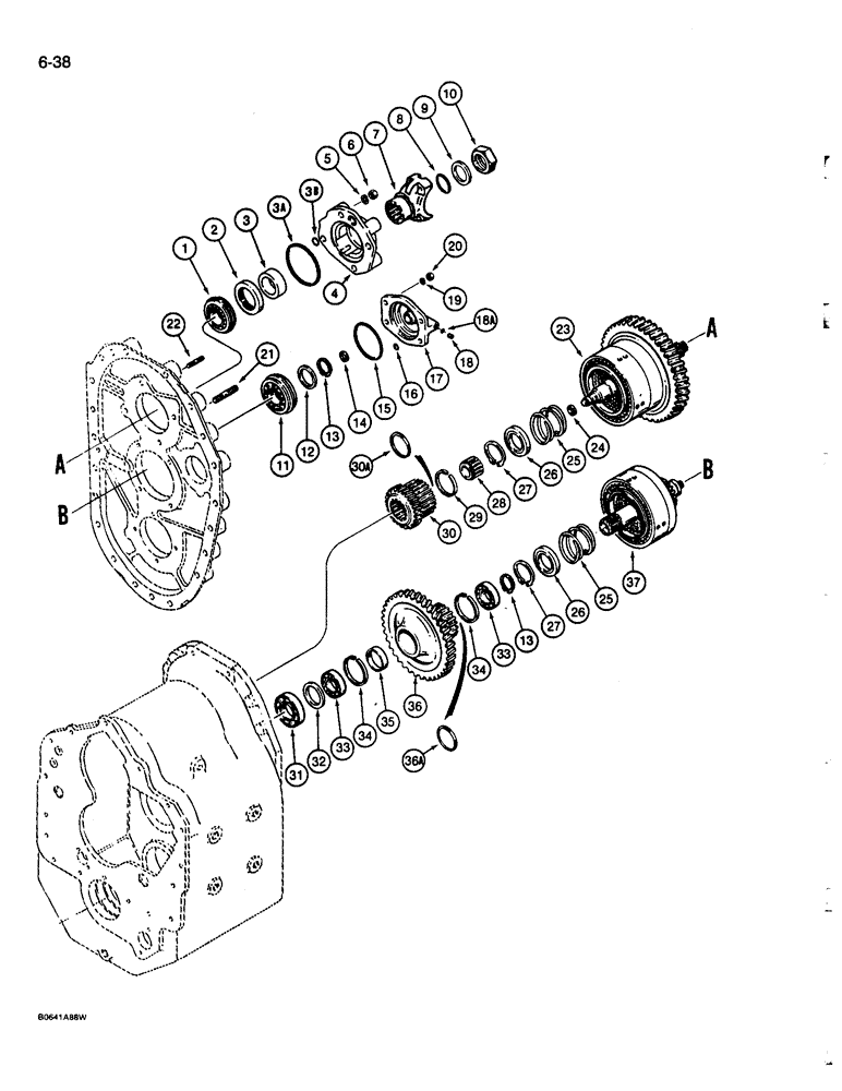 Схема запчастей Case 680L - (6-38) - TRANSMISSION LOW AND THIRD GEARS, TWO WHEEL AND FOUR WHEEL DRIVE MODELS (06) - POWER TRAIN