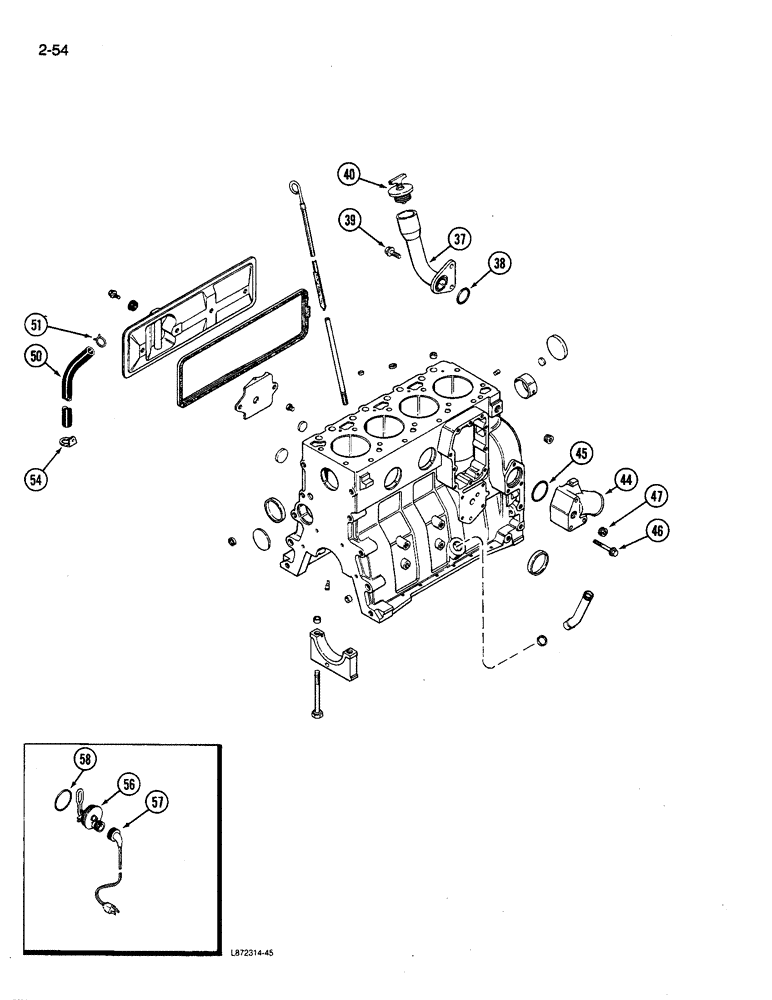 Схема запчастей Case 580K - (02-054) - CYLINDER BLOCK, 4-390 ENGINE AND ENGINE BLOCK HEATER (02) - ENGINE