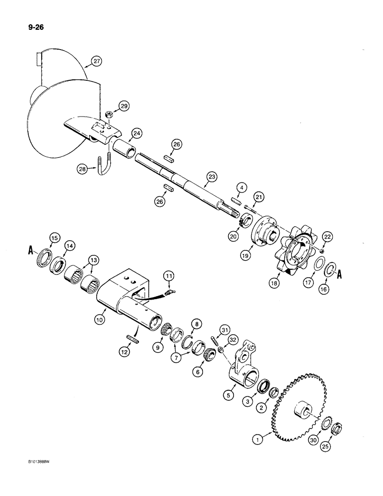 Схема запчастей Case MAXI-SNEAKER C - (9-26) - TRENCHER BOOM MOUNTING SHAFT, SPROCKET, AND AUGER, USED ON MODELS WITH P.I.N. 1231939 AND AFTER (09) - CHASSIS/ATTACHMENTS