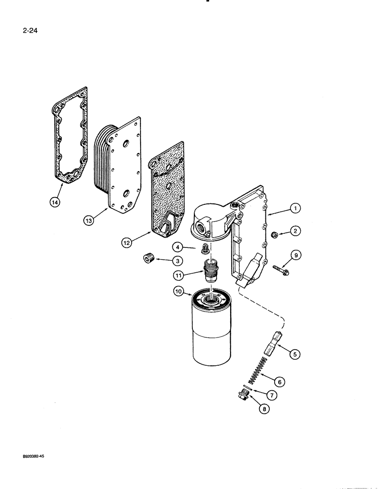 Схема запчастей Case 821 - (2-024) - OIL FILTER AND COOLER, 6T-830 ENGINE, PRIOR TO ENGINE SERIAL NO 44500128 (02) - ENGINE