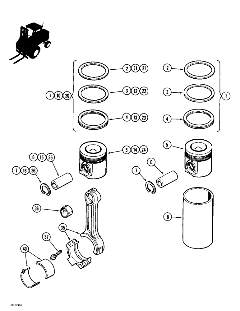 Схема запчастей Case 585E - (2-40) - PISTONS, PRIOR TO P.I.N. JJG0251722, 4-390 ENGINE (02) - ENGINE