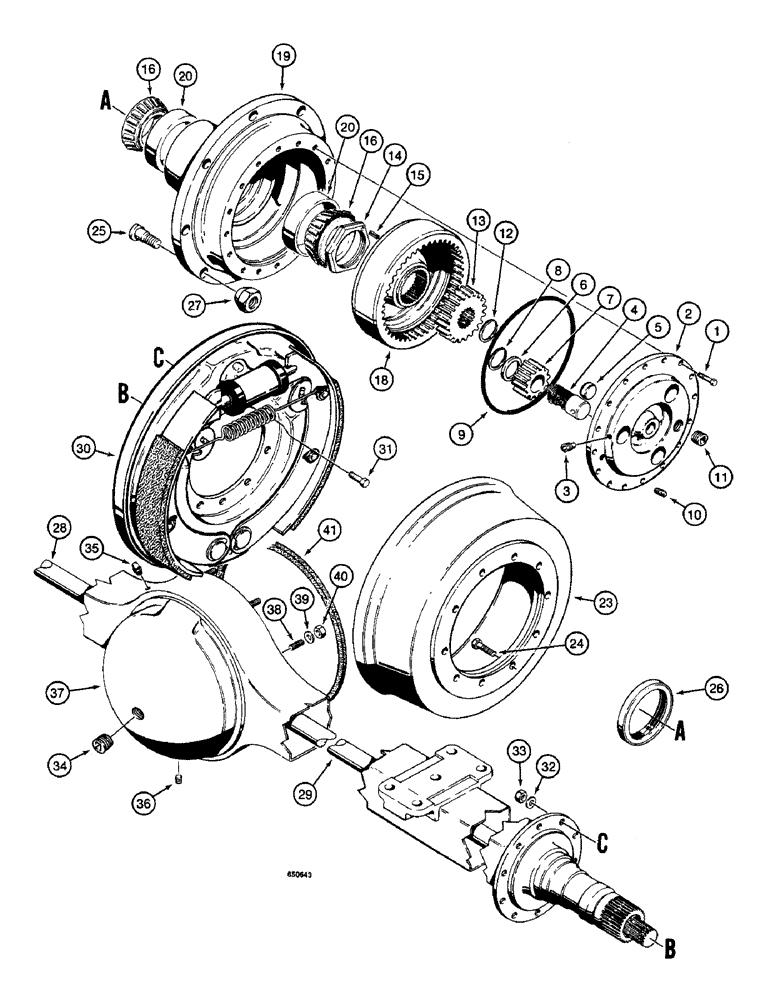 Схема запчастей Case W14 - (320) - AXLE HOUSING AND PLANETARY, AXLES WITH DRUM BRAKES (06) - POWER TRAIN