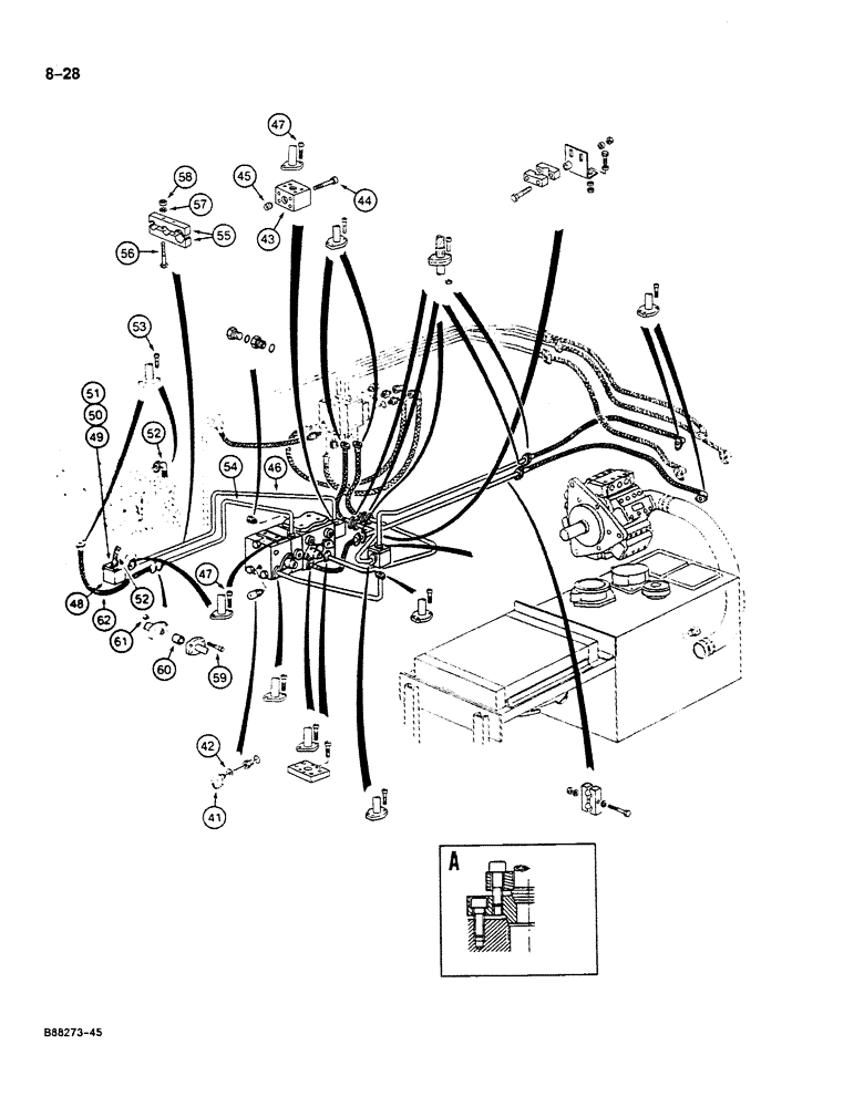 Схема запчастей Case 125B - (8-028) - HYDRAULIC PUMP LINES, P.I.N. 74428, 74430 THROUGH 74433, 74435 THROUGH 74441, & 74446 THROUGH 74630 (08) - HYDRAULICS