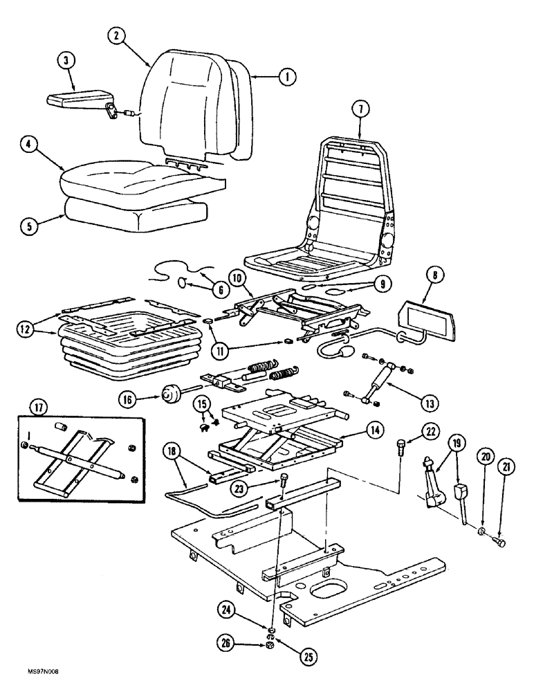 Схема запчастей Case 9060B - (9-049A) - 300642A1 SUSPENSION SEAT ASSEMBLY, P.I.N. EAC0601052 AND AFTER, SEAT BACK CUSHION HAS CASE LOGO* (09) - CHASSIS