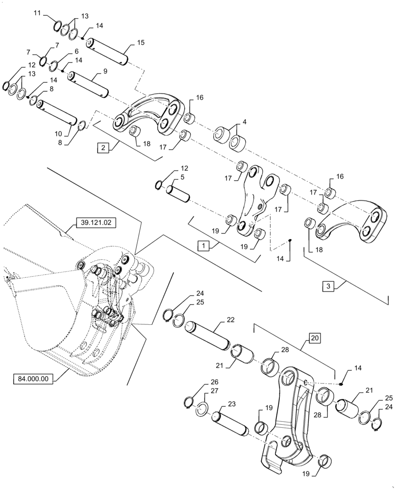 Схема запчастей Case 580SN WT - (39.121.03) - BACKHOE - COUPLER AND BUCKET PINS (580N, 580SN, 580SN WT) (39) - FRAMES AND BALLASTING