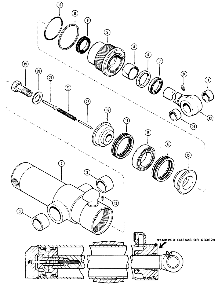 Схема запчастей Case 36 - (60) - G33628 & G33629 SWING CYL., 4-1/2" DIA. CYL. W/ 11-3/8" STROK -GLAND W/ CENTER BEARING- 