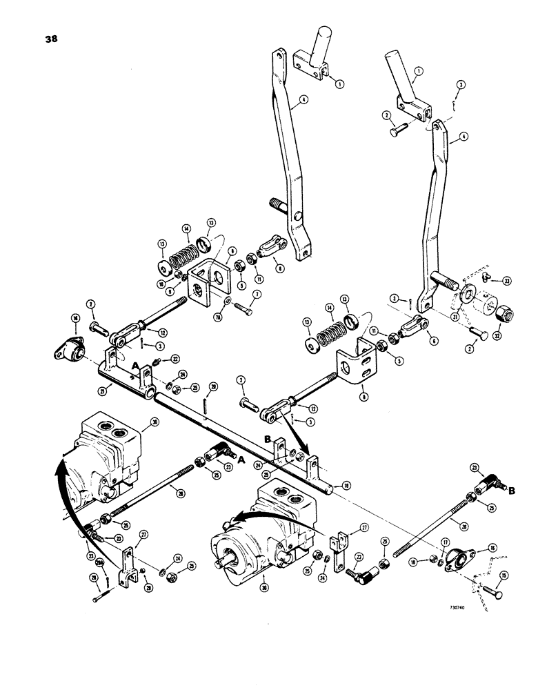 Схема запчастей Case 1816 - (38) - CONTROLS, FORWARD AND REVERSE, USED BEFORE TRACTOR SERIAL NO. 9821352 (90) - PLATFORM, CAB, BODYWORK AND DECALS