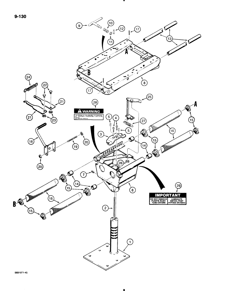 Схема запчастей Case 580K - (9-130) - STANDARD SEAT SUPPORT, WITH 1/2 INCH DIAMETER LATCH PIN LEVER (ITEM 25) (09) - CHASSIS/ATTACHMENTS