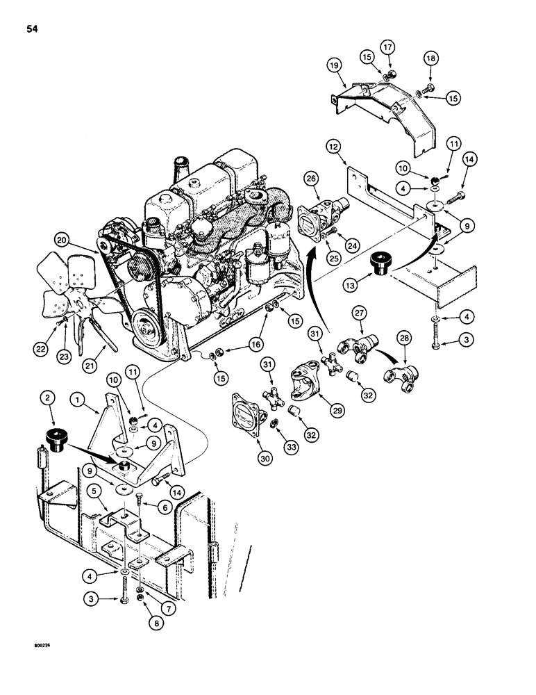 Схема запчастей Case 1835 - (054) - ENGINE MOUNTING, FLYWHEEL GUARD, FAN AND FAN BELT (02) - ENGINE