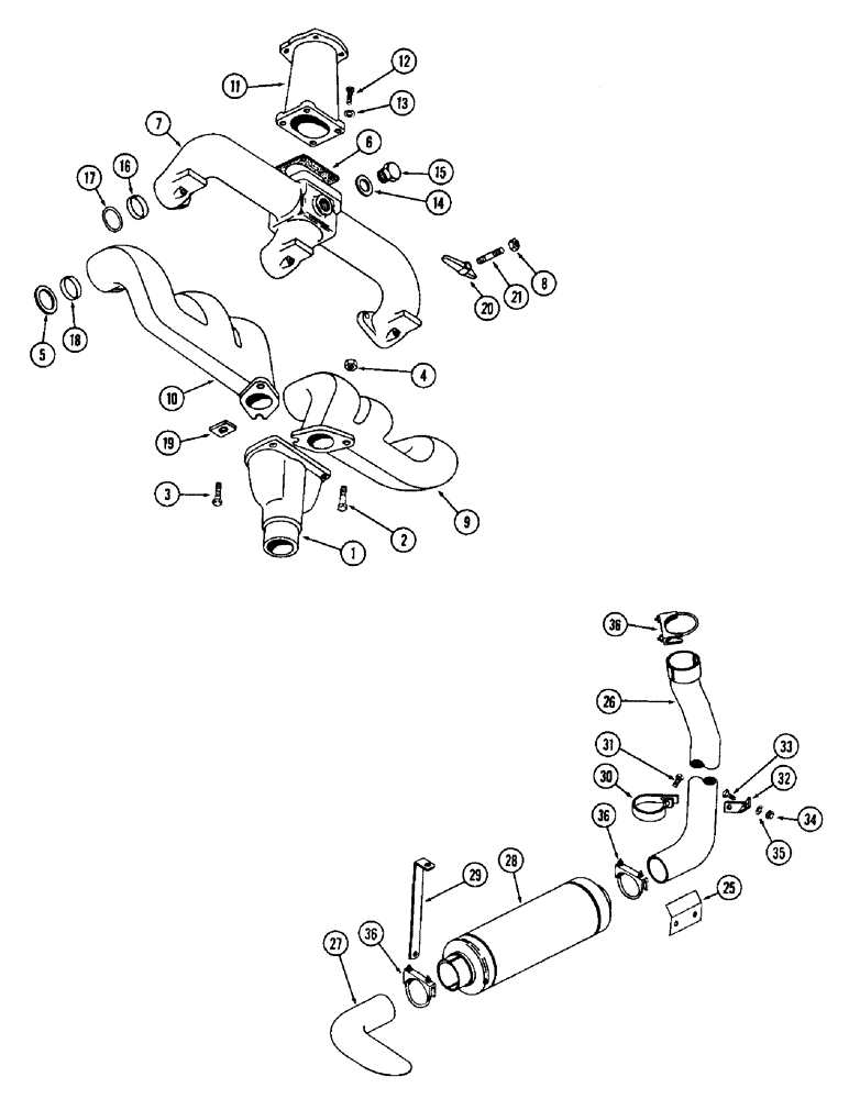 Схема запчастей Case W12 - (020) - MANIFOLDS, EXHAUST PIPE AND MUFFLER (02) - ENGINE