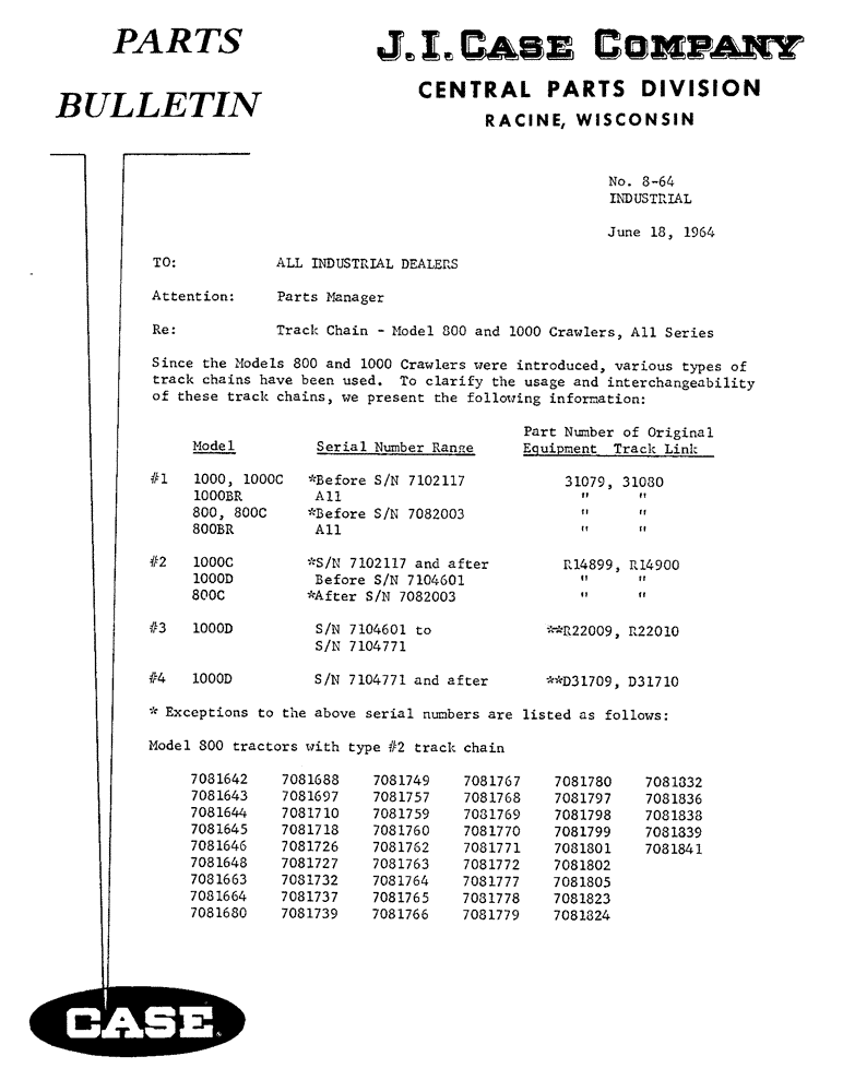 Схема запчастей Case 1000C - (001L) - PARTS BULLETIN (00) - GENERAL
