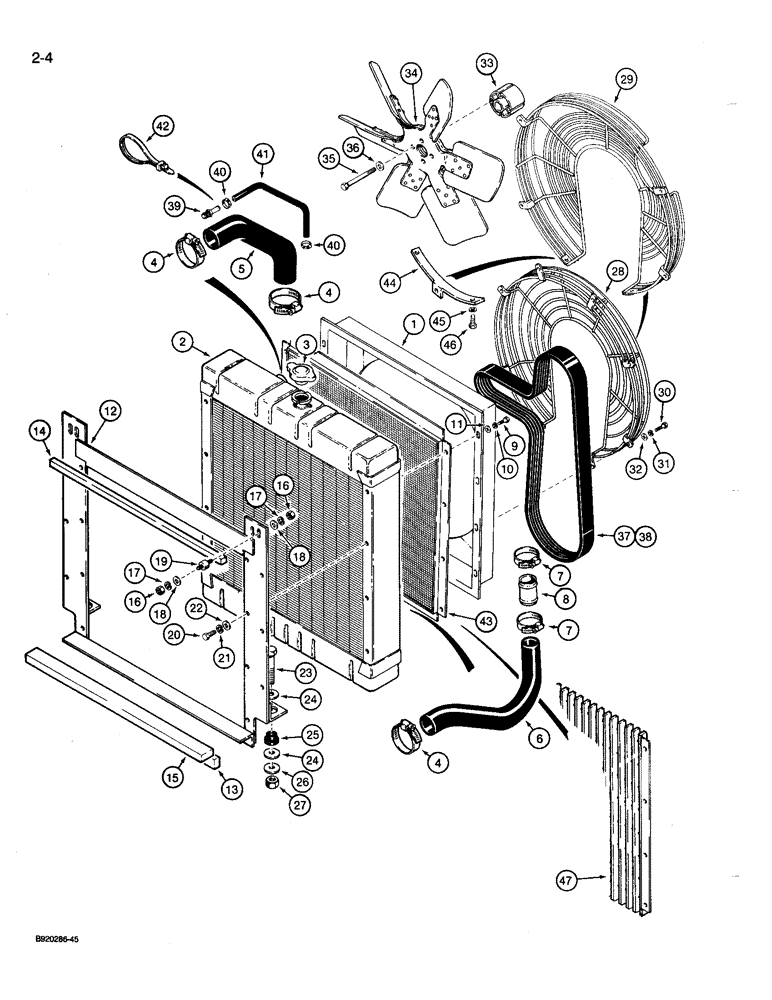 Схема запчастей Case 721 - (2-04) - RADIATOR, FAN, AND FAN BELTS, PRIOR TO P.I.N. JAK0022432 (02) - ENGINE