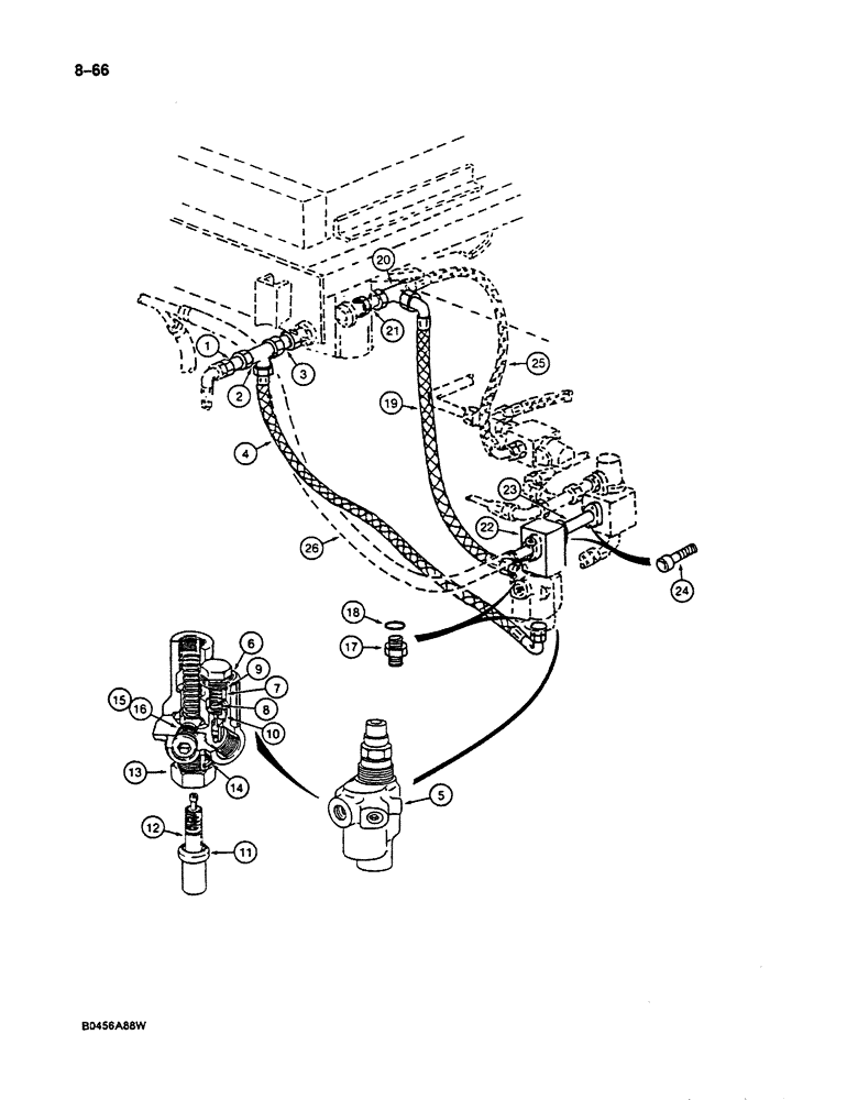 Схема запчастей Case 125B - (8-066) - HYD. CIRCUIT RETURN LINES, OIL TEMP. REGULATING VALVE PARTS, PIN 21807 THRU 21868, 26801 AND AFTER (08) - HYDRAULICS