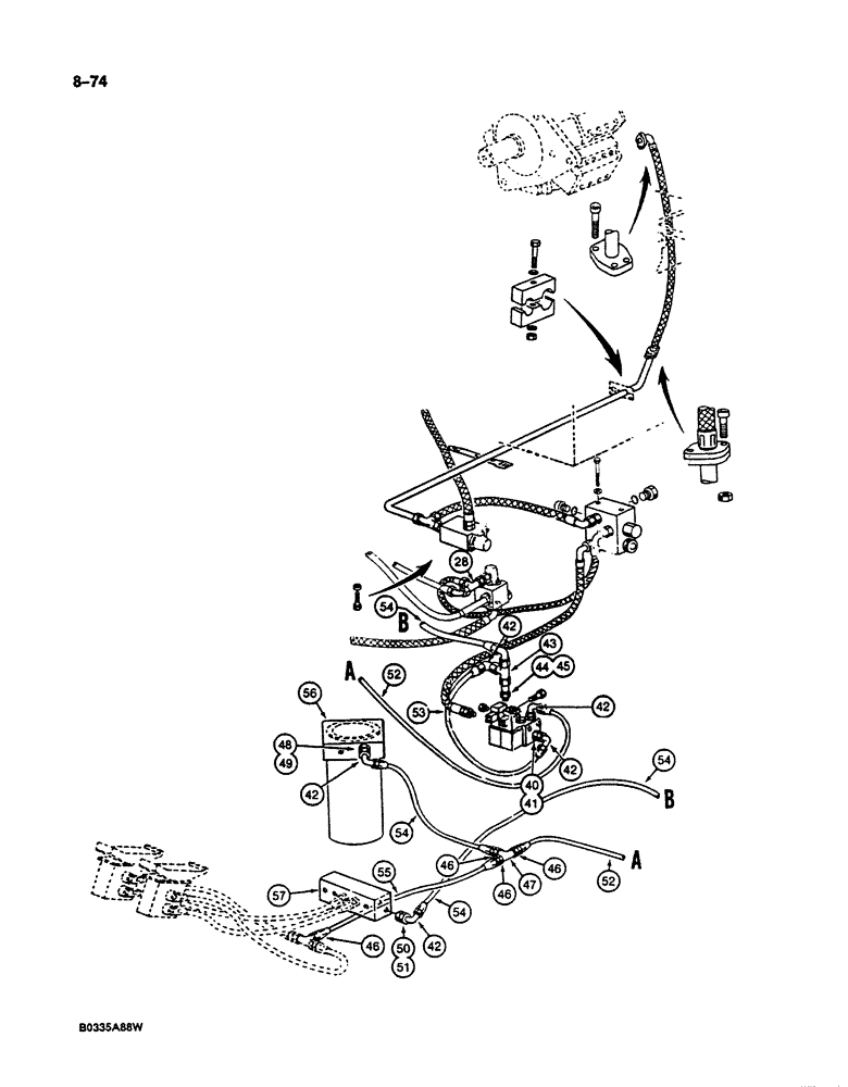 Схема запчастей Case 125B - (8-074) - HYDRAULIC CIRCUIT FOR PILOT CONTROLS, P.I.N. 74301 THROUGH 74630 (08) - HYDRAULICS