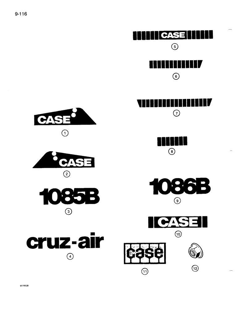 Схема запчастей Case 1085B - (9-116) - DECALS (09) - CHASSIS