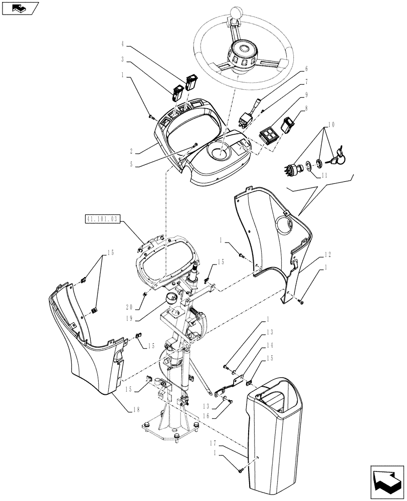 Схема запчастей Case 821F - (41.101.04) - CAB, STEERING COLUMN COVERS AND SWITCHES (41) - STEERING