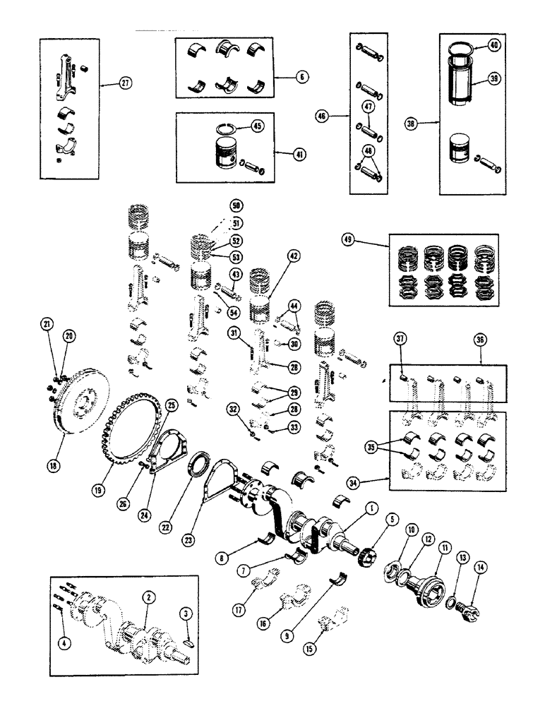 Схема запчастей Case 600 - (016) - DIESEL ENGINE INSTALLATION, FLYWHEEL, CRANKSHAFT, PISTONS (01) - ENGINE