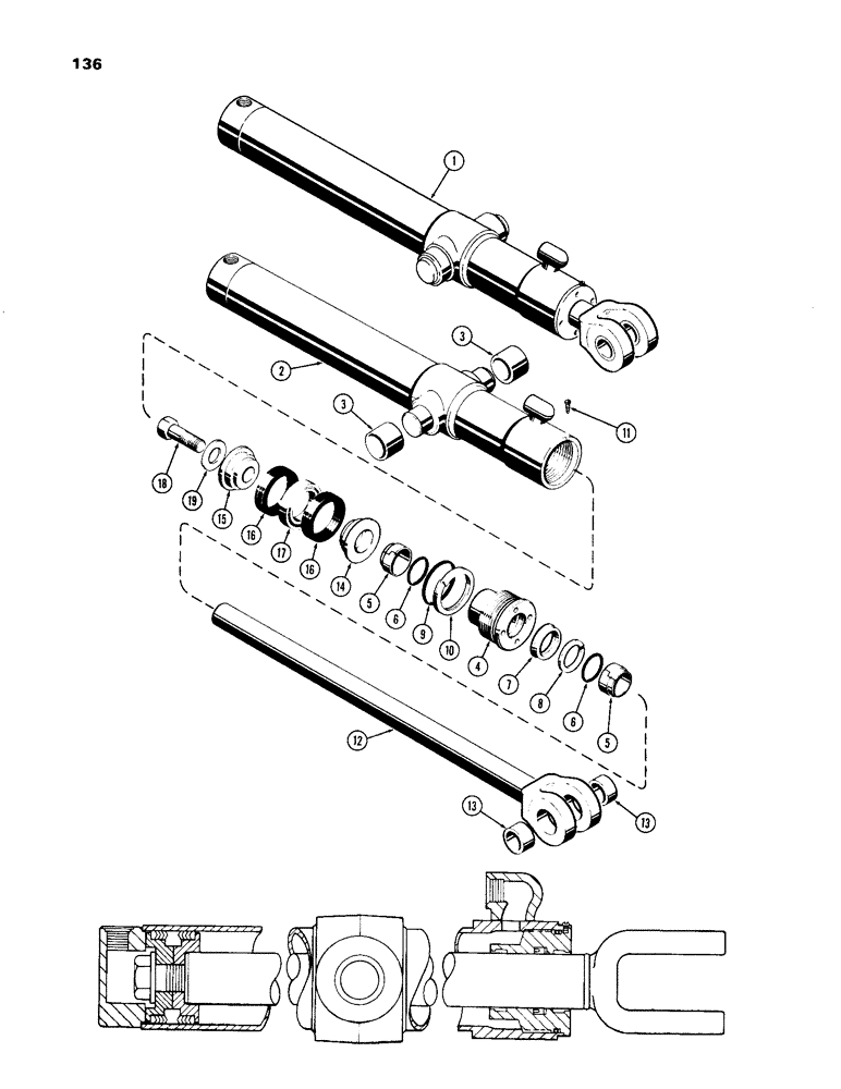 Схема запчастей Case 33 - (136) - D45895 DIPPER EXTENSION CYLINDER 3-1/2" DIA. CYL. W/25-7/2" STROKE W/SPLIT TYPE INNER & OUTER WIPERS 