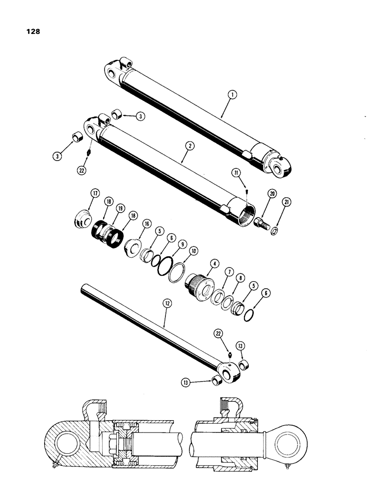 Схема запчастей Case 33 - (128) - D37622 & D43252 BUCKET CYLINDER, 3-1/2" DIA. CYLINDER W/27-1/4" STROKE W/1-3/4" DIA PISTON ROD 