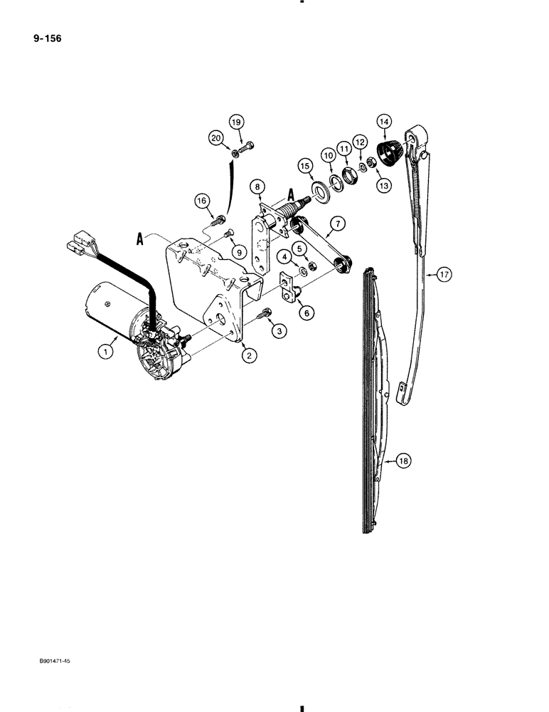 Схема запчастей Case 580K - (9-156) - CAB FRONT WINDSHIELD WIPER (09) - CHASSIS/ATTACHMENTS