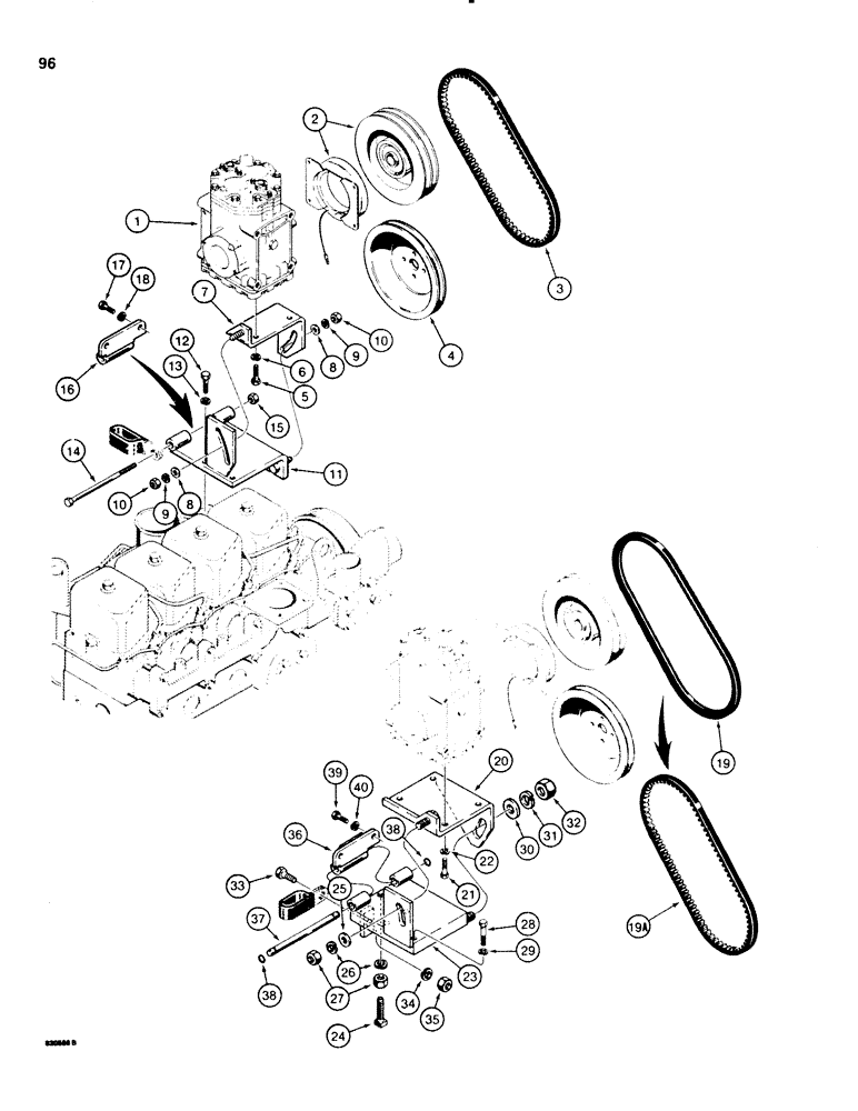 Схема запчастей Case 580SE - (096) - AIR CONDITIONING COMPRESSOR MOUNTING, BOLT-ON HINGE BRACKET, (04) - ELECTRICAL SYSTEMS