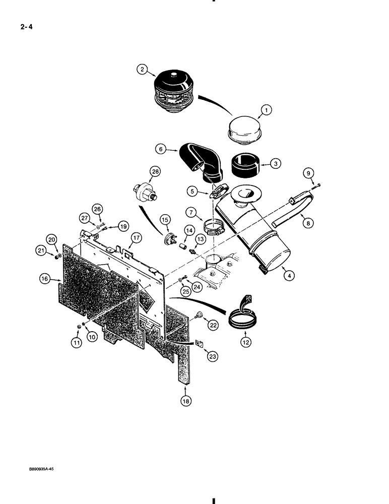 Схема запчастей Case 580K - (2-004) - AIR CLEANER AND AIR INTAKE PARTS, MODELS WITHOUT TURBOCHARGED ENGINE (02) - ENGINE