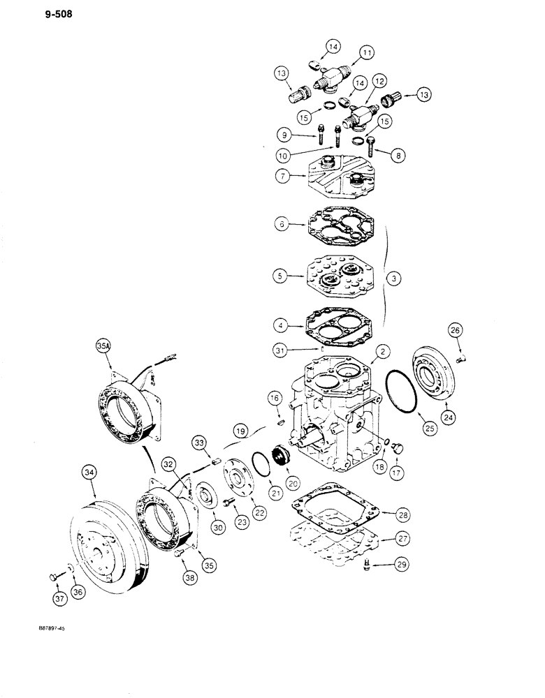 Схема запчастей Case 680K - (9-508) - AIR CONDITIONING COMPRESSOR, AIR CONDITIONER CLUTCH (09) - CHASSIS/ATTACHMENTS