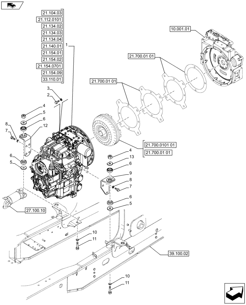 Схема запчастей Case 580SN WT - (21.112.0401) - VAR - 423059 - STANDARD TRANSMISSION - MOUNTING - 4WD (21) - TRANSMISSION