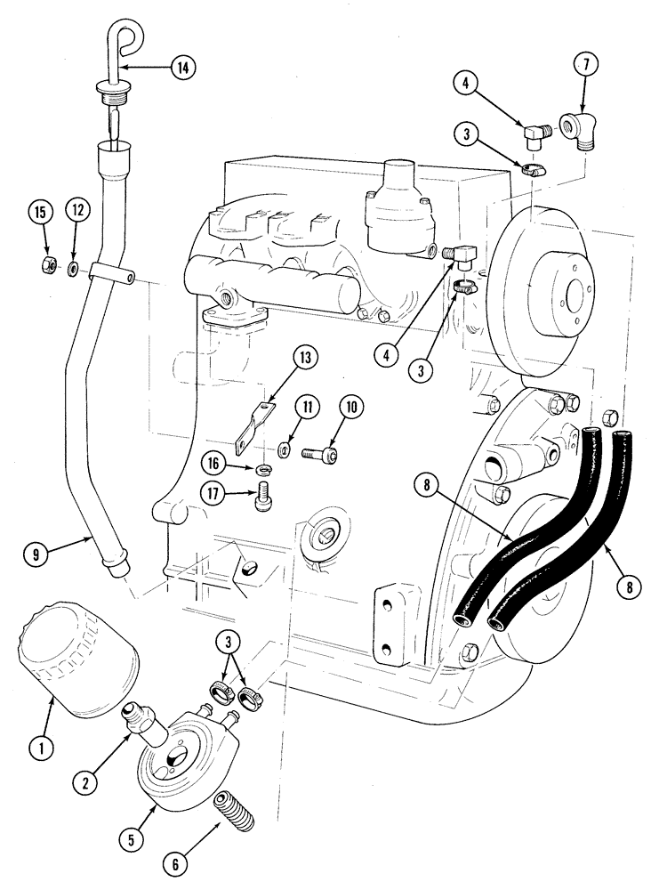 Схема запчастей Case 1835C - (2-40) - OIL FILL TUBE, OIL FILTER AND COOLER, TMD-20 DIESEL ENGINE (02) - ENGINE