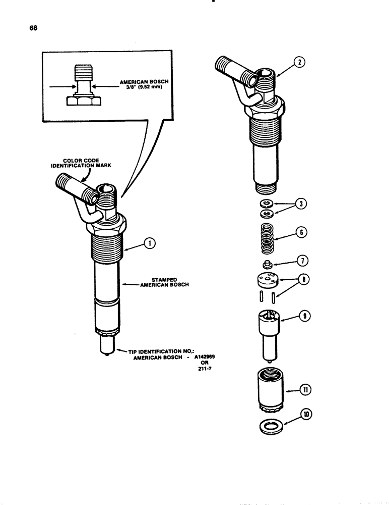 Схема запчастей Case 780B - (066) - FUEL INJECTOR NOZZLE, 336BDT DIESEL ENGINE, RED COLOR CODE I.D. (03) - FUEL SYSTEM