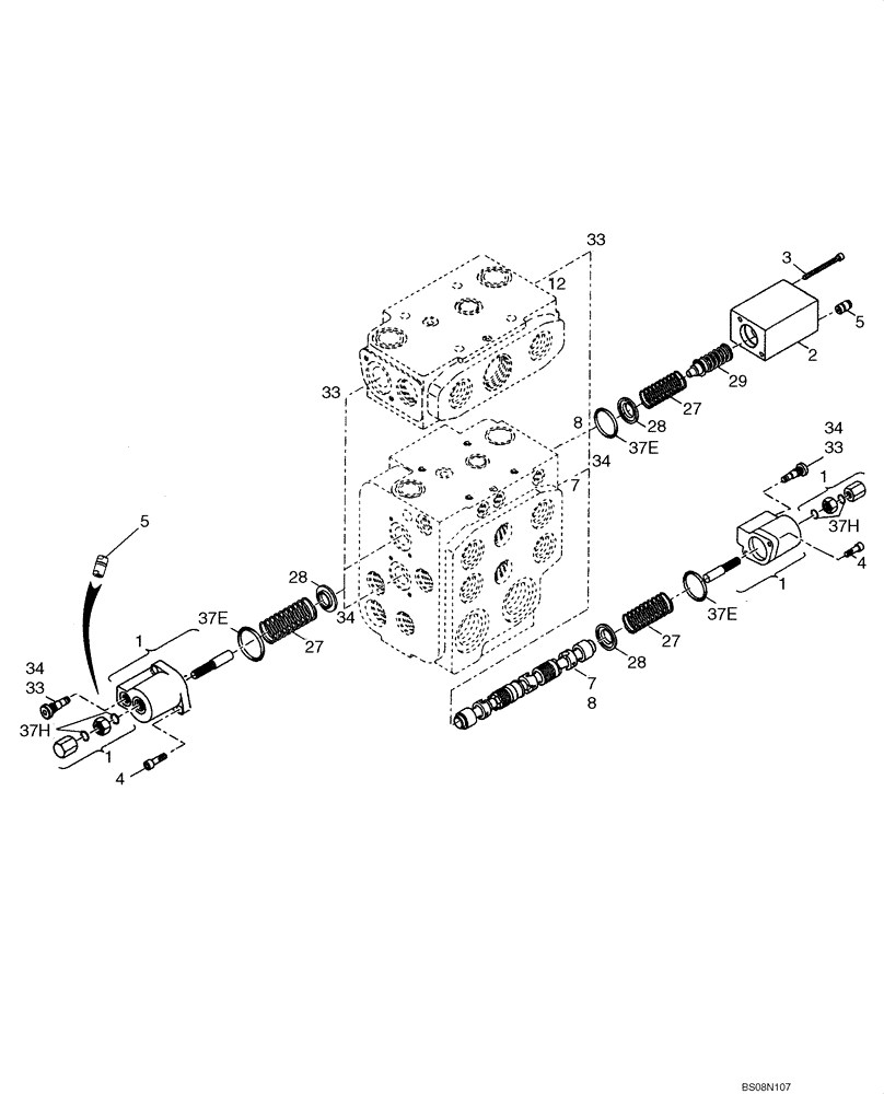 Схема запчастей Case 821E - (08-32) - VALVE SECTION - BUCKET/BOOM/OPTIONAL SPOOLS (2, 3, 4 SPOOL VALVE) (08) - HYDRAULICS