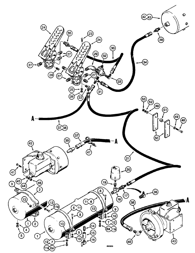 Схема запчастей Case W14 - (390) - BRAKE SYSTEM, AIR RESERVOIR TO TREADLES AND MASTER CYLINDERS (07) - BRAKES