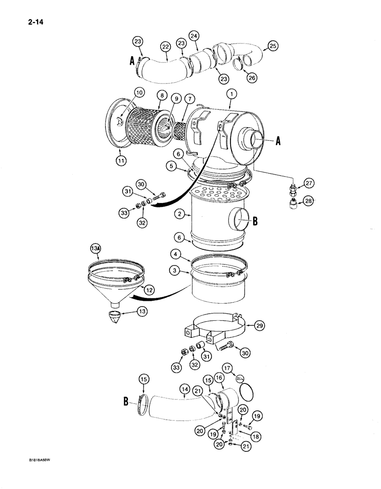 Схема запчастей Case 170B - (2-14) - AIR CLEANER AND AIR INTAKE PARTS, OPTIONAL HEAVY DUTY - USED WITH PRECLEANER,P.I.N. 74341 THRU 74363 (02) - ENGINE