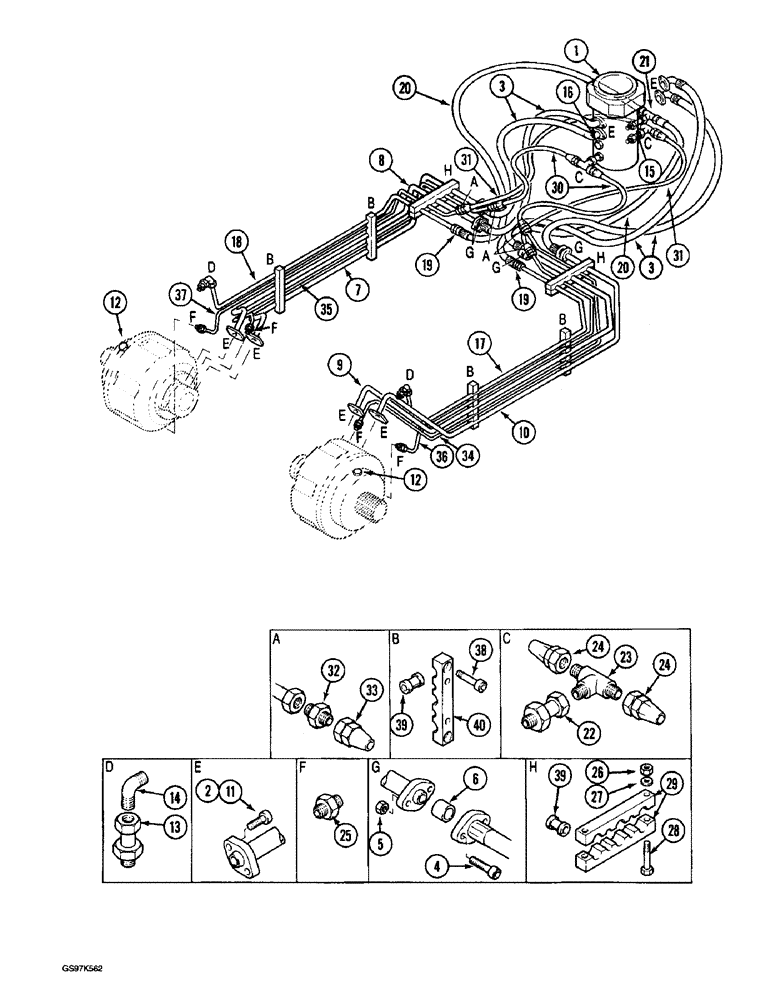 Схема запчастей Case 220B - (7-6) - LOWER TRACK DRIVE, DRIVE RANGE AND BRAKE HYDRAULIC LINES, PIN 74570 - 74597, PIN 03201 AND AFTER (07) - BRAKES