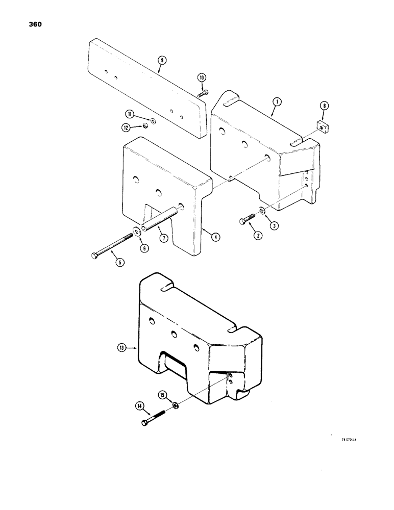 Схема запчастей Case 1450 - (360) - REAR COUNTERWEIGHTS, MODELS WITHOUT REAR MOUNTED EQUIPMENT, 2 PIECE COUNTERWEIGHT (09) - CHASSIS/ATTACHMENTS