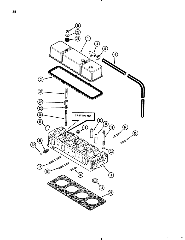 Схема запчастей Case 1845B - (038) - CYLINDER HEAD AND COVER, 188 DIESEL ENGINE (02) - ENGINE