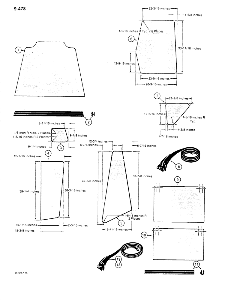 Схема запчастей Case 680K - (9-478) - CAB GLASS - U.S. DIMENSIONS (09) - CHASSIS/ATTACHMENTS