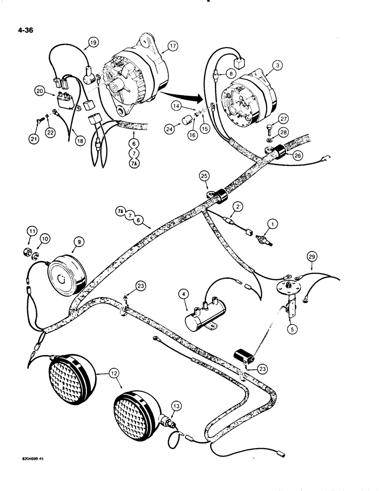 Схема запчастей Case W18B - (4-036) - ELECTRICAL CIRCUIT, REAR HARNESS TO ALTERNATOR AND LAMPS, USED ON W18B & BEFORE W20C P.I.N. 9155766 (04) - ELECTRICAL SYSTEMS